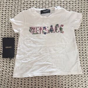 Versace White Tee with Pink & Green Floral Logo with a few watermark call outs